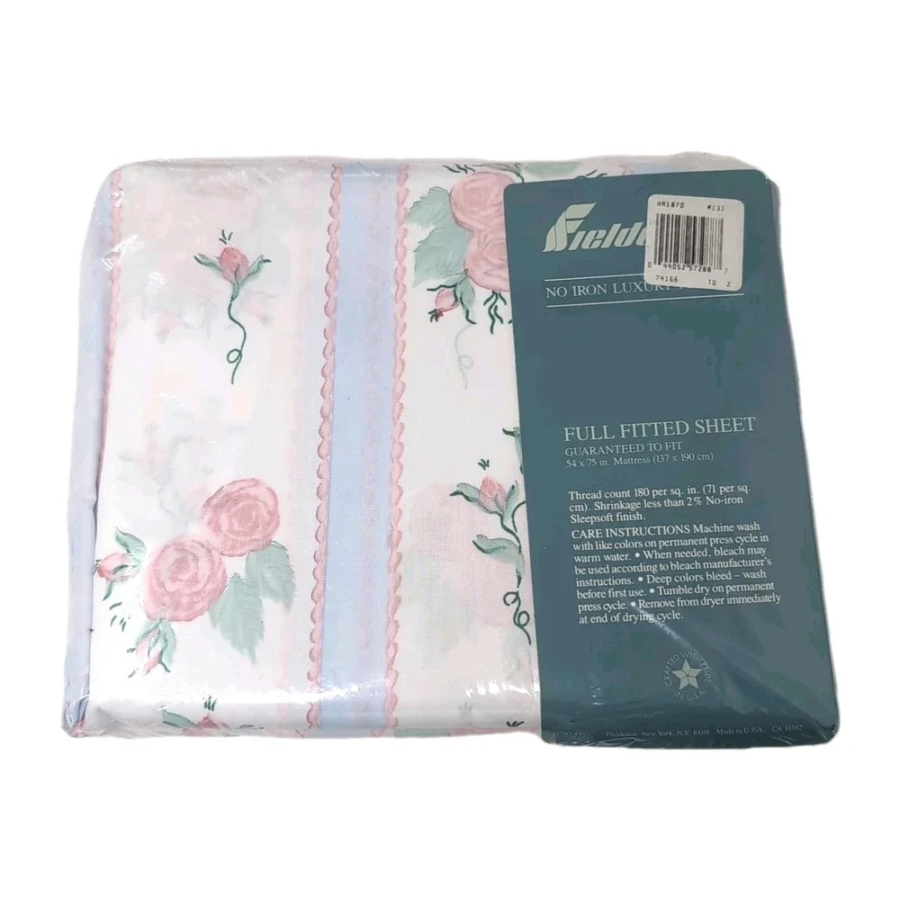 VTG Fieldcrest Cottage Rose Full Sheet Set Scalloped White Pink Blue 4pc NEW USA